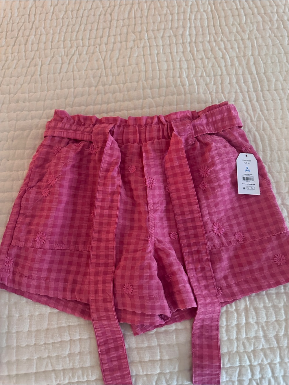 Time and Tru Pink Gingham Shorts with Tie Waist - 3 inches